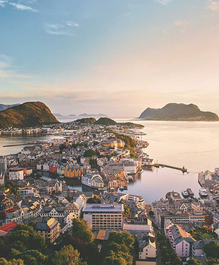 View of Aalesund town in bright sunshine, from the mountain top of Aksla.